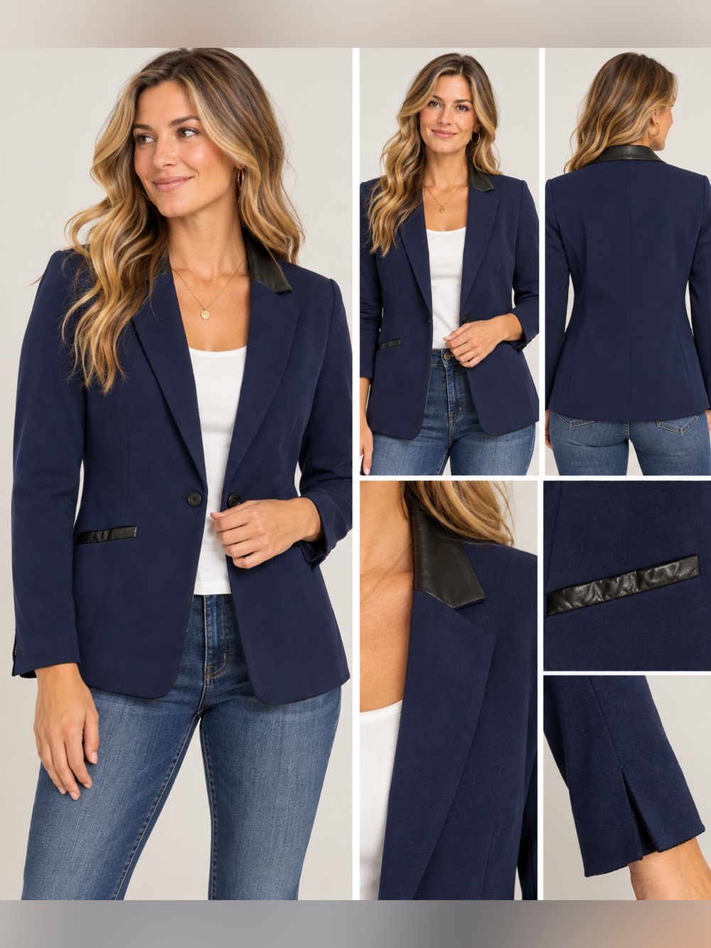 Susan Graver Blazer Size 12 Navy Blue Faux Leather Trim One Button Career Jacket